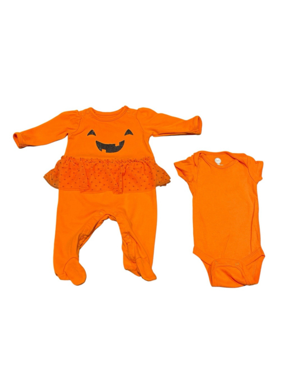 Carter's Halloween Orange Pumpkin Glitter Jack-O-Lantern Bodysuit wSkirt 3M EUC